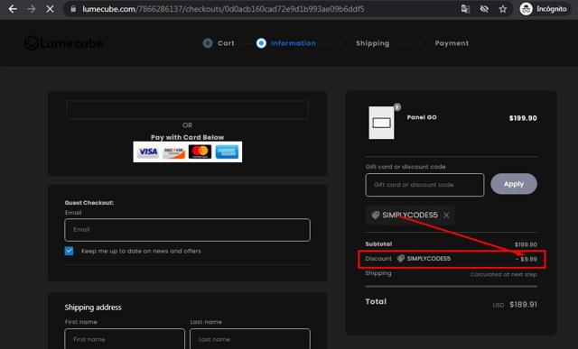 Lume Cube checkout page showing Lume Cube discount code box | Screenshot taken by SimplyCodes community member on Jul 22, 2021