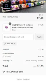 JES5OFF coupon verification screenshot
