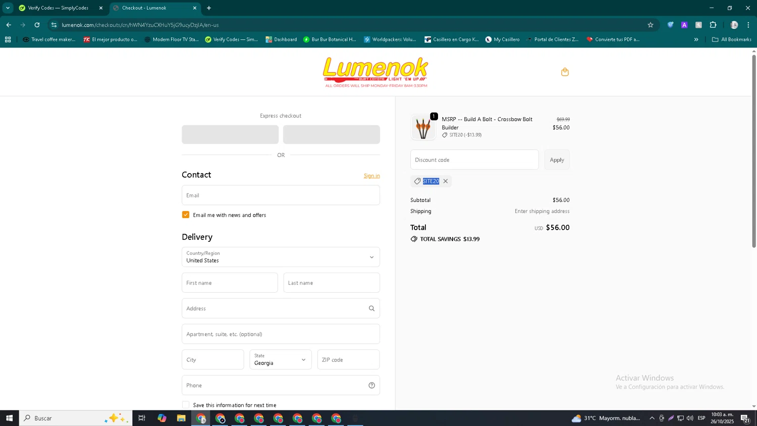 Lumenok discount code screenshot showing code SITE20 applied at Lumenok checkout page. Uploaded by SimplyCodes community member John_Johnson on Oct 26, 2025