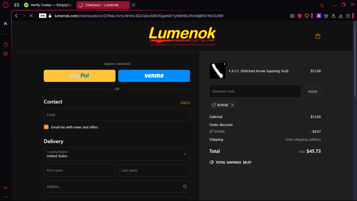 Lumenok discount code screenshot showing code BUNJIE applied at Lumenok checkout page. Uploaded by SimplyCodes community member comidaparallevar on Mar 17, 2025
