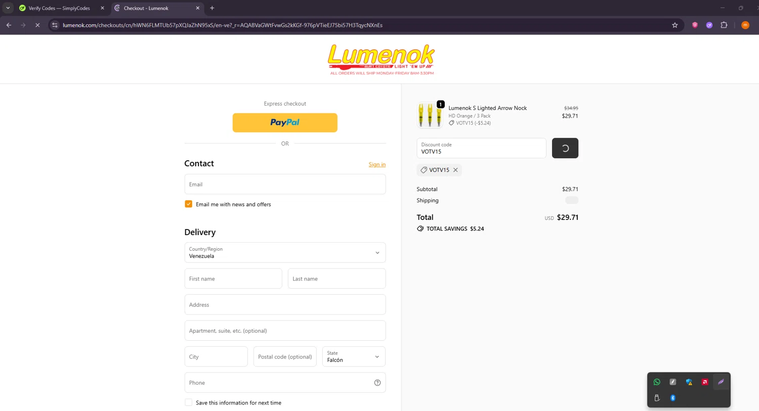 Lumenok discount code screenshot showing code VOTV15 applied at Lumenok checkout page. Uploaded by SimplyCodes community member Davoxeneixe on Dec 9, 2025