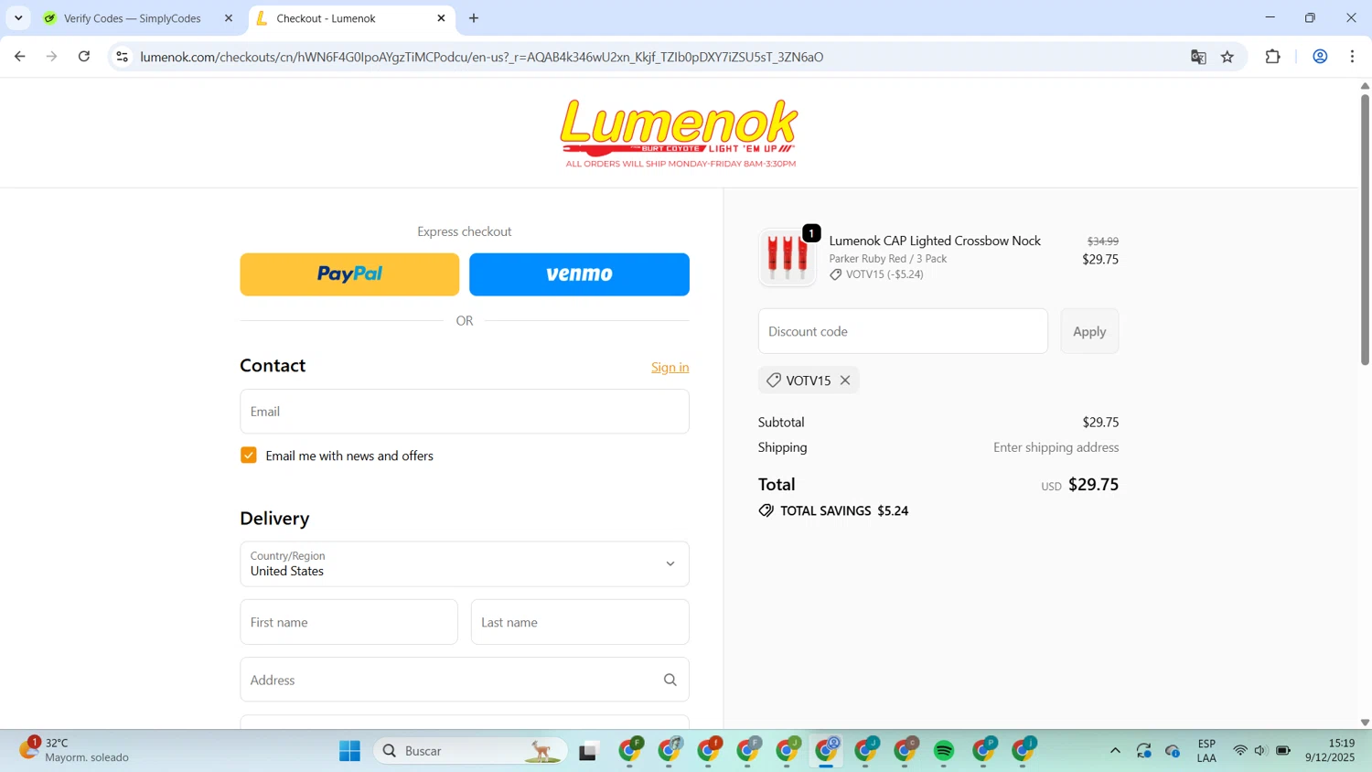 Lumenok discount code screenshot showing code VOTV15 applied at Lumenok checkout page. Uploaded by SimplyCodes community member MagnificentCaptain7552 on Dec 9, 2025
