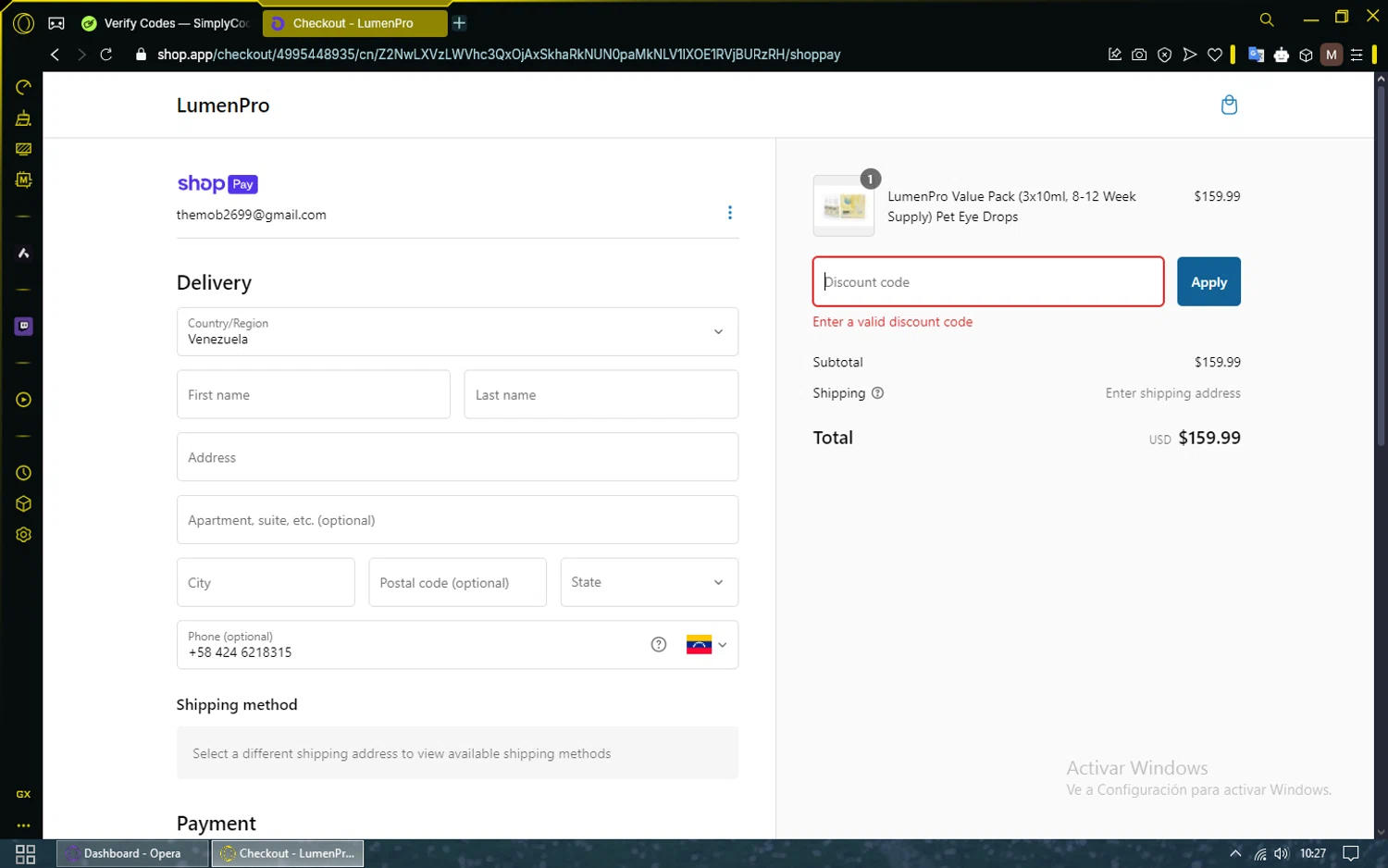 LumenPro discount code screenshot showing code PETS10 applied at LumenPro checkout page. Uploaded by SimplyCodes community member SavingsShopper829 on Jan 19, 2025