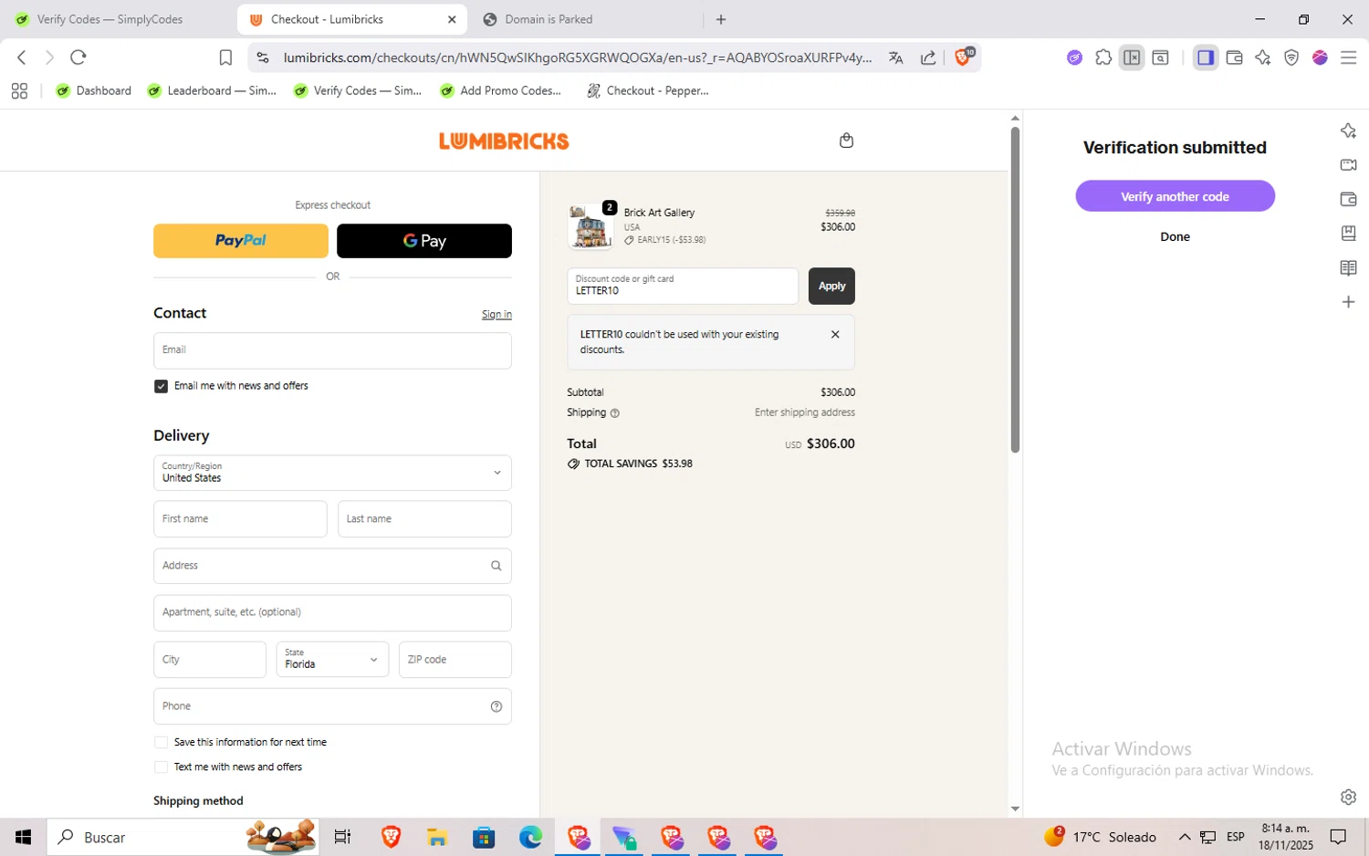 Lumibricks promo code screenshot showing code LETTER10 applied at Lumibricks checkout page. Uploaded by SimplyCodes community member Rayyyyyy on Nov 18, 2025