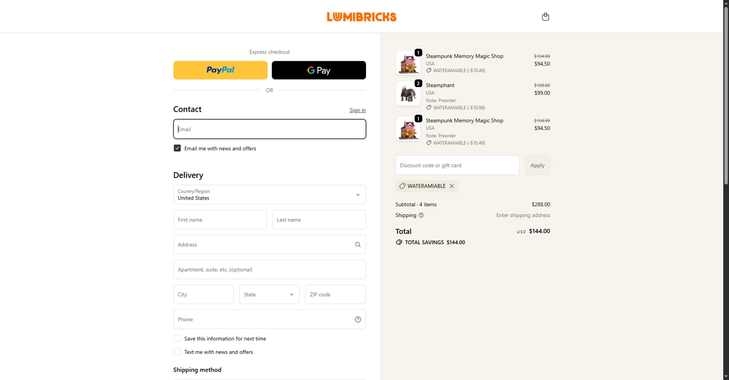 Lumibricks promo code screenshot showing code wateramiable applied at Lumibricks checkout page. Uploaded by SimplyCodes community member LOgoter on Dec 6, 2025
