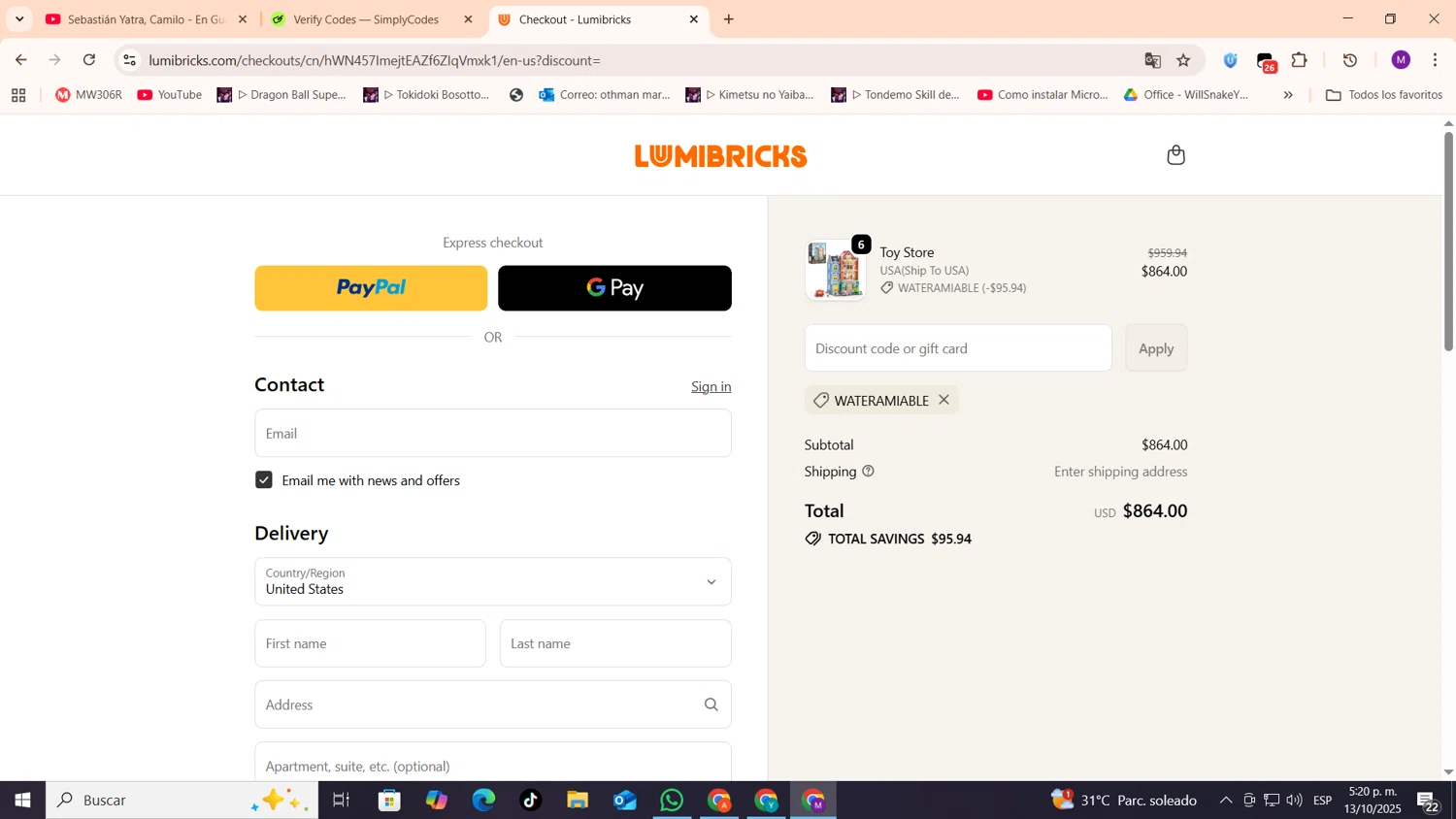 Lumibricks promo code screenshot showing code wateramiable applied at Lumibricks checkout page. Uploaded by SimplyCodes community member cod_gakpo on Oct 13, 2025