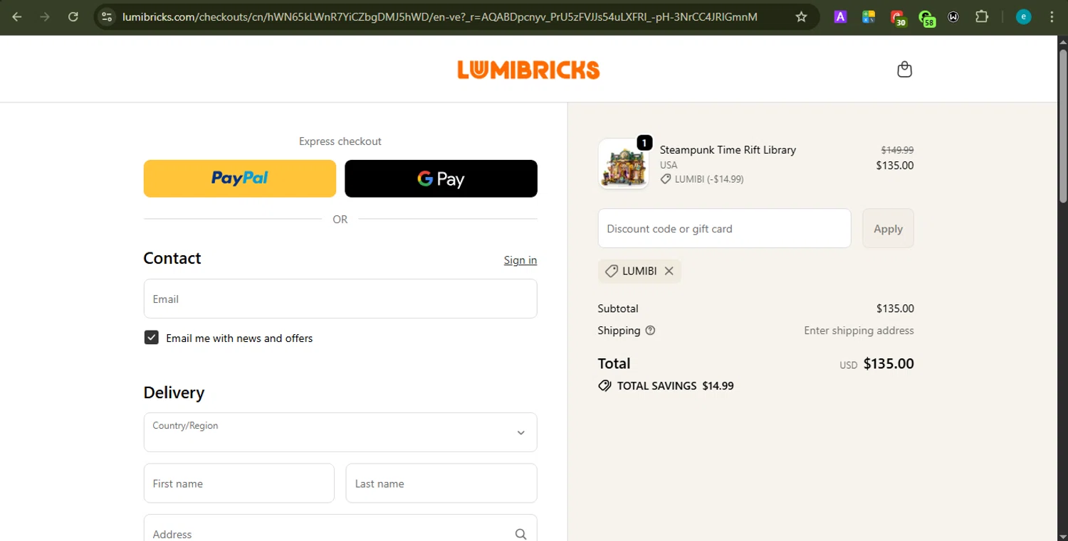 Lumibricks promo code screenshot showing code lumibi applied at Lumibricks checkout page. Uploaded by SimplyCodes community member LOVECOUPON on Dec 5, 2025