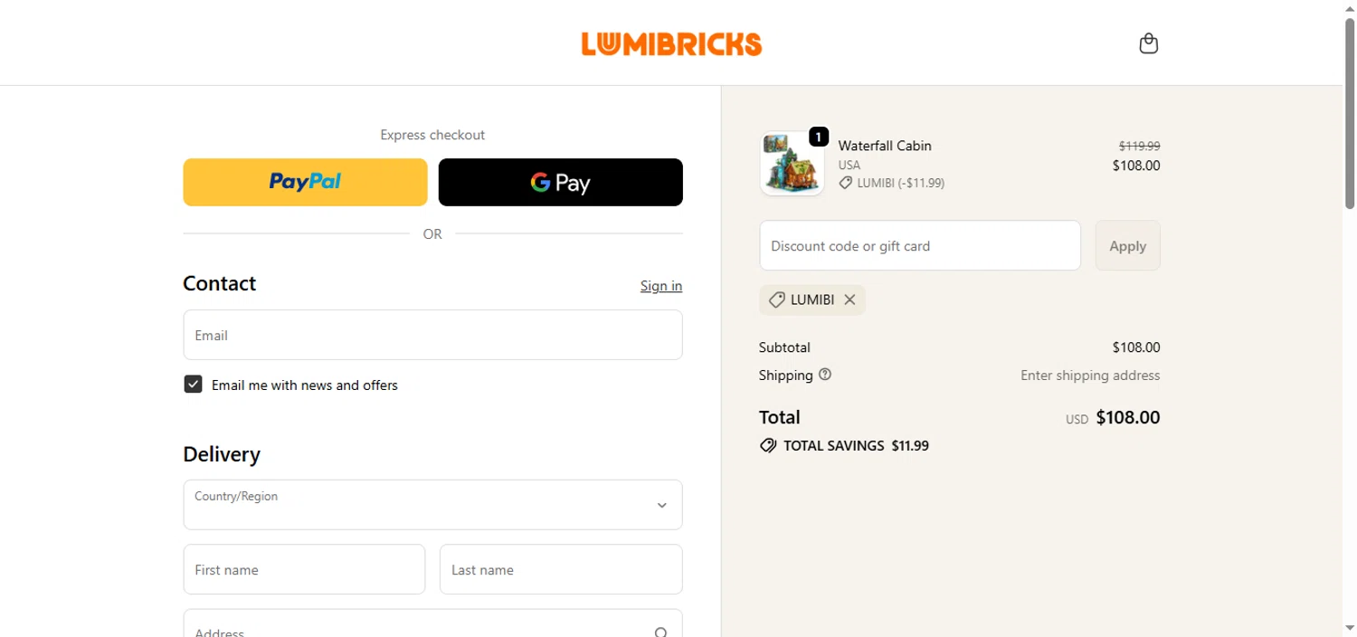 Lumibricks promo code screenshot showing code lumibi applied at Lumibricks checkout page. Uploaded by SimplyCodes community member BrilliantTracker4309 on Dec 5, 2025