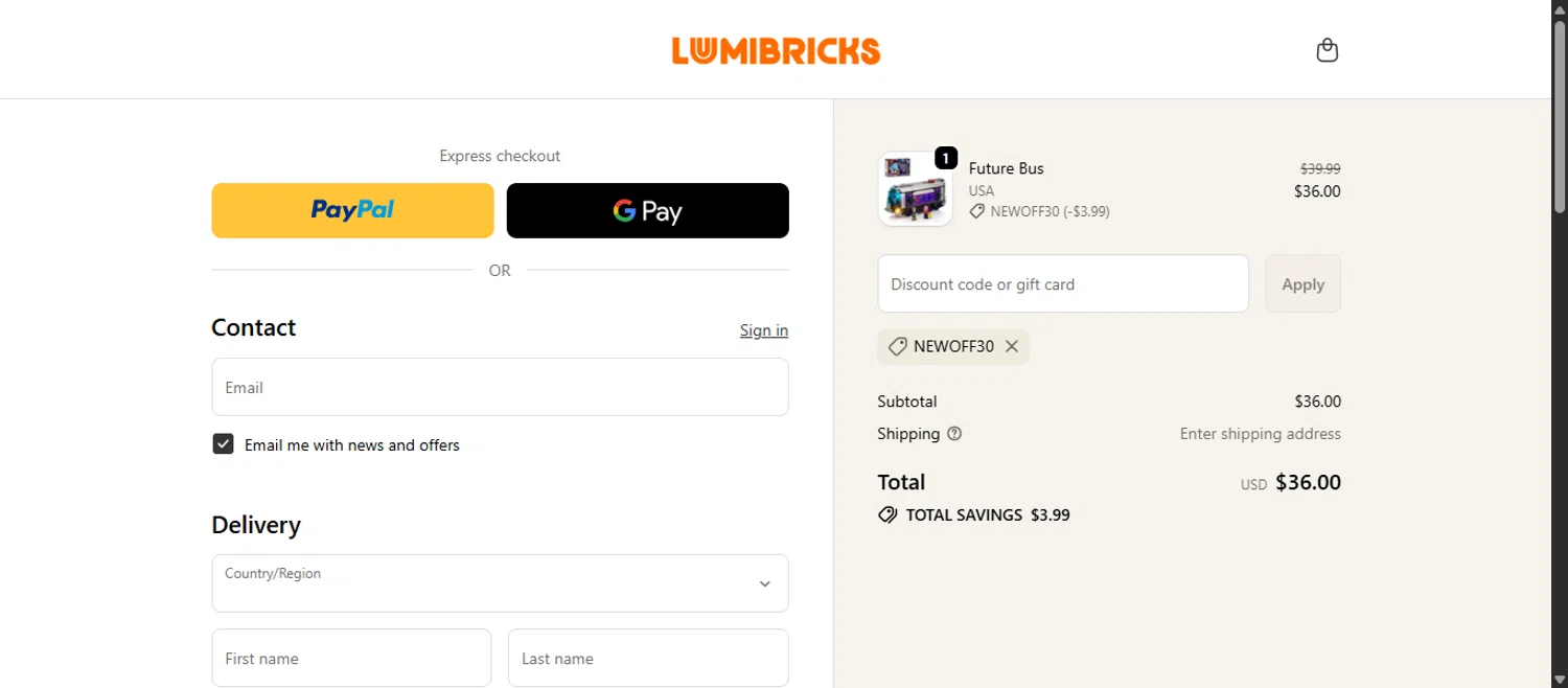 Lumibricks promo code screenshot showing code NEWOFF30 applied at Lumibricks checkout page. Uploaded by SimplyCodes community member elggaa on Dec 6, 2025