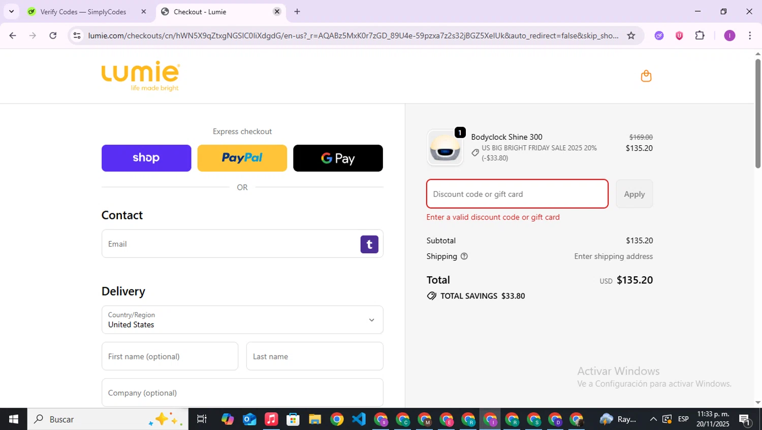 Lumie discount code screenshot showing code KINDNESS23 applied at Lumie checkout page. Uploaded by SimplyCodes community member RebateAce6764 on Nov 21, 2025
