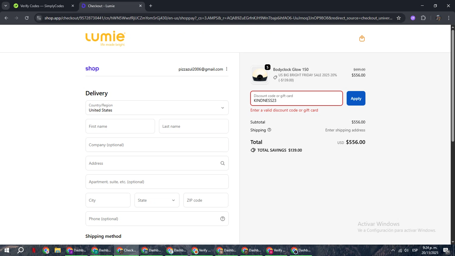 Lumie discount code screenshot showing code KINDNESS23 applied at Lumie checkout page. Uploaded by SimplyCodes community member xxdddd on Nov 21, 2025
