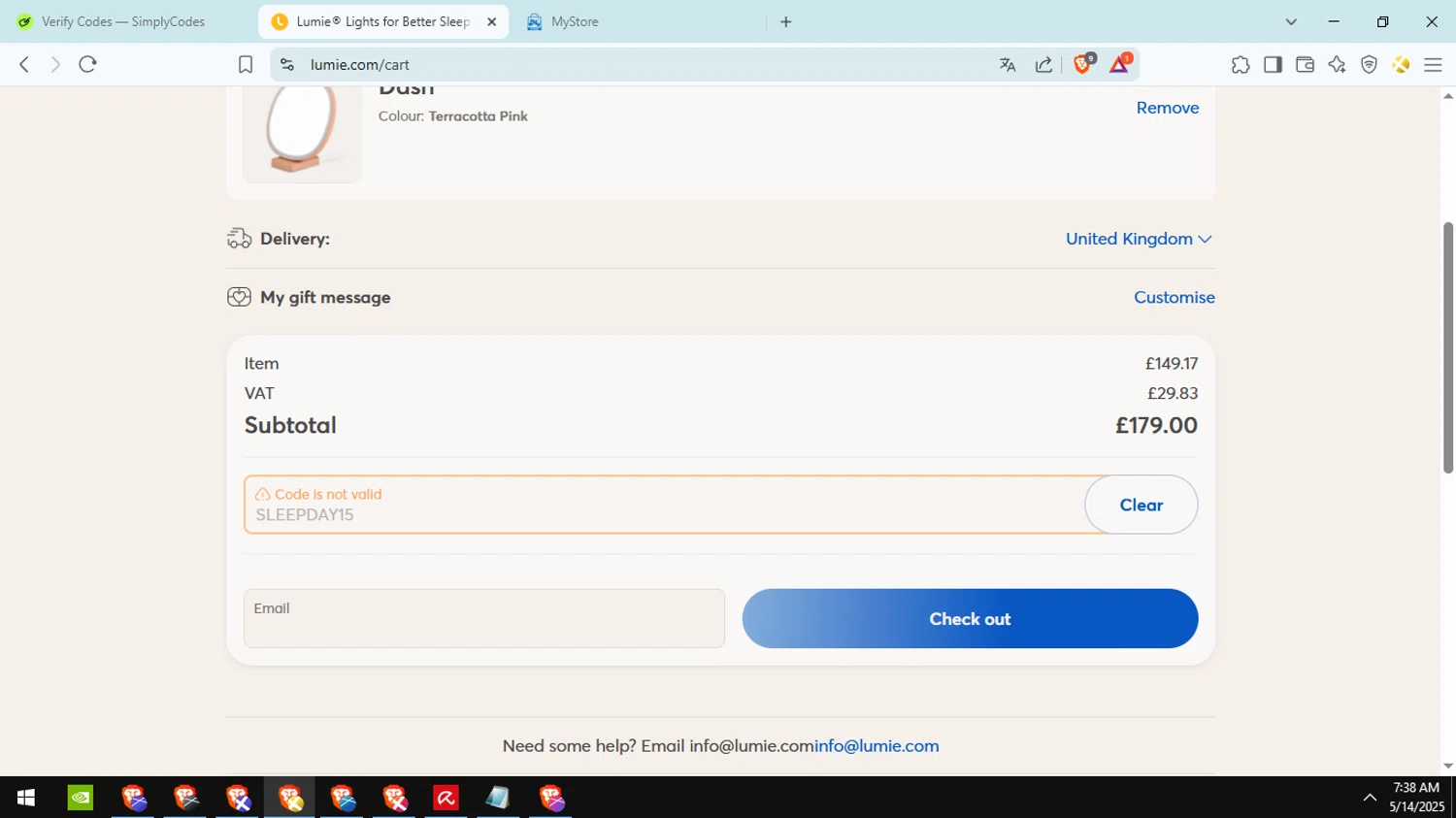 Lumie discount code screenshot showing code SLEEPDAY15 applied at Lumie checkout page. Uploaded by SimplyCodes community member Ranita_de_agua on May 14, 2025
