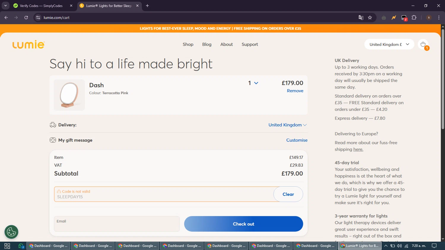 Lumie discount code screenshot showing code SLEEPDAY15 applied at Lumie checkout page. Uploaded by SimplyCodes community member GoldSentinel1426 on May 14, 2025