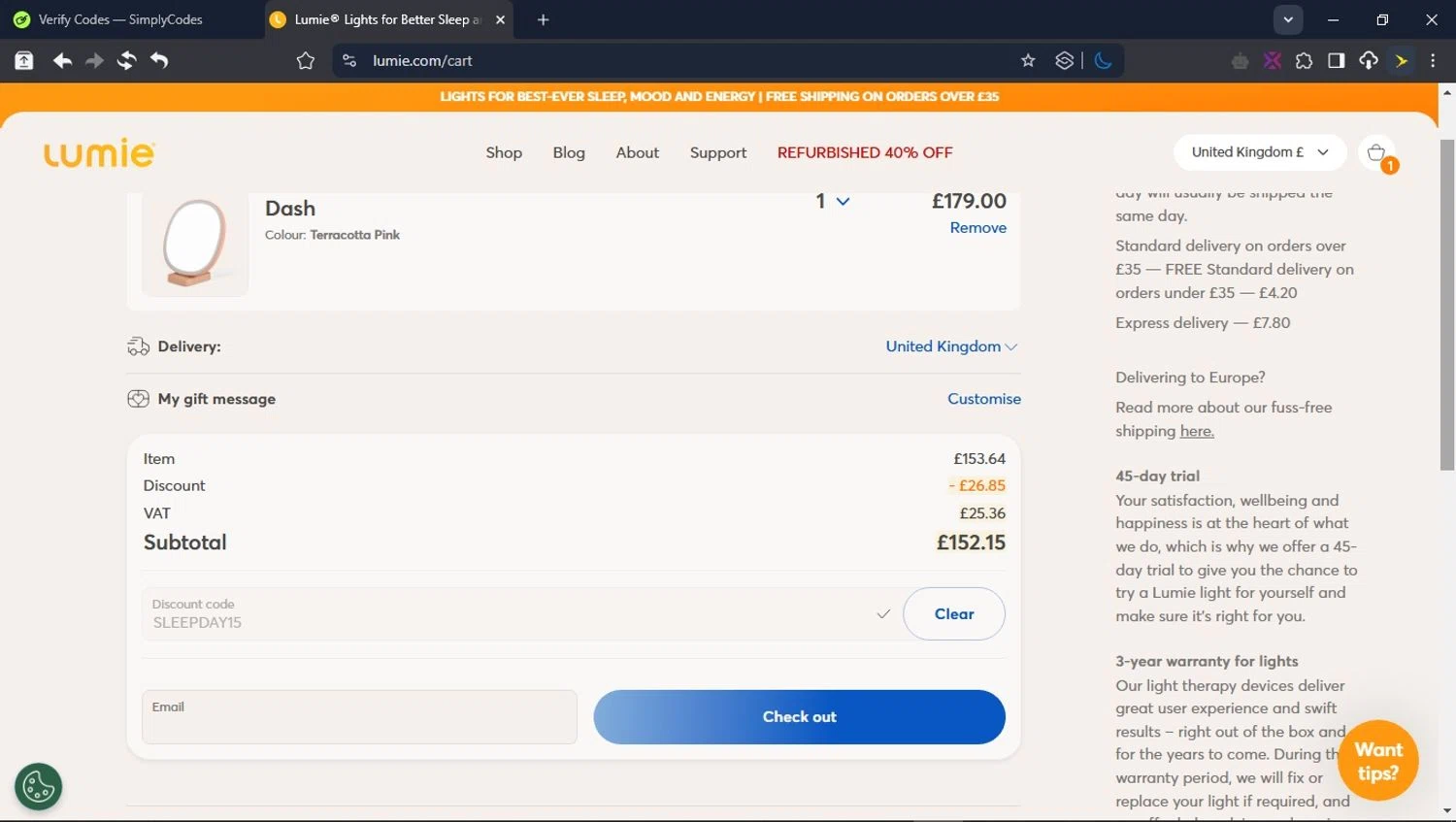 Lumie checkout page showing Lumie discount code box | Screenshot taken by SimplyCodes community member on Apr 15, 2025