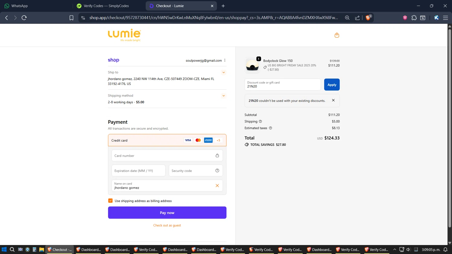 Lumie discount code screenshot showing code 21N20 applied at Lumie checkout page. Uploaded by SimplyCodes community member SimplyGOAT on Dec 1, 2025