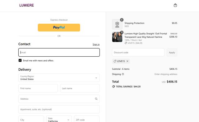 Lumiere Hair checkout page showing Lumiere Hair coupon code box | Screenshot taken by SimplyCodes community member on Sep 12, 2025