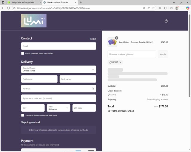 Lumi Gummies checkout page showing Lumi Gummies discount code box | Screenshot taken by SimplyCodes community member on Sep 8, 2025