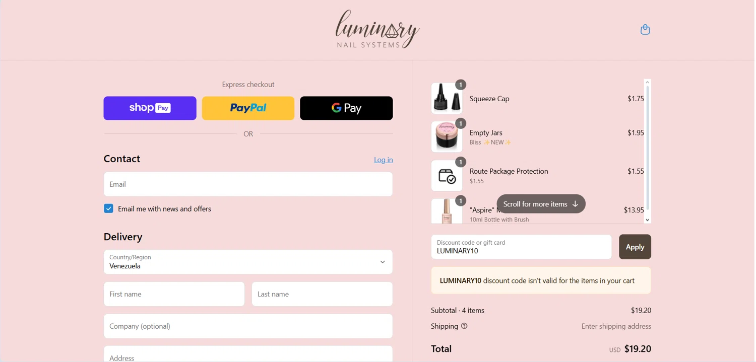 Luminary Nail Systems discount code screenshot showing code LUMINARY10 applied at Luminary Nail Systems checkout page. Uploaded by SimplyCodes community member Airtek on Apr 16, 2025