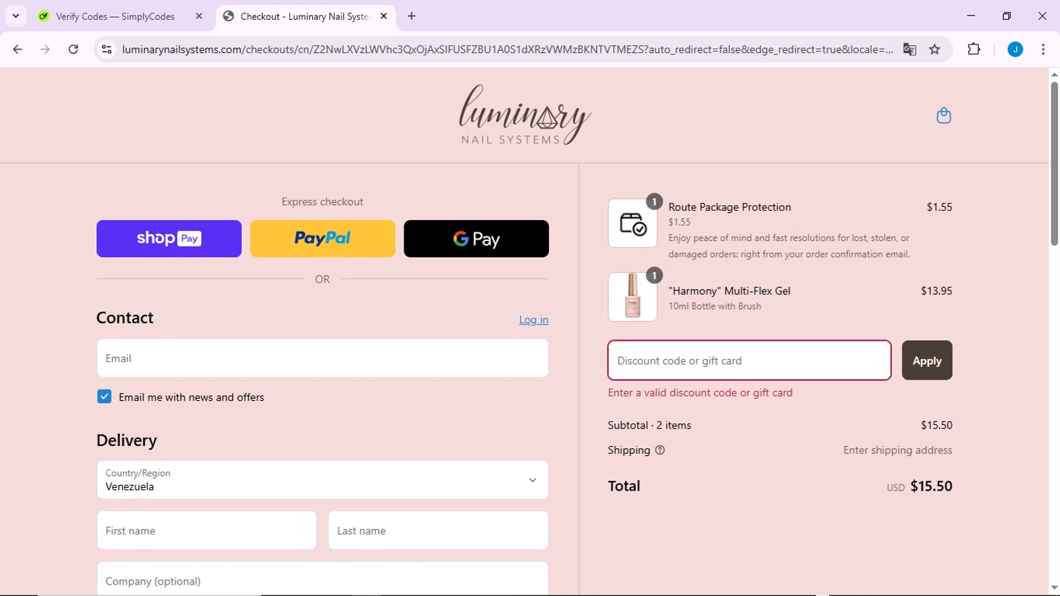 Luminary Nail Systems discount code screenshot showing code HARMONY10 applied at Luminary Nail Systems checkout page. Uploaded by SimplyCodes community member CodeLynx3161 on Apr 2, 2025