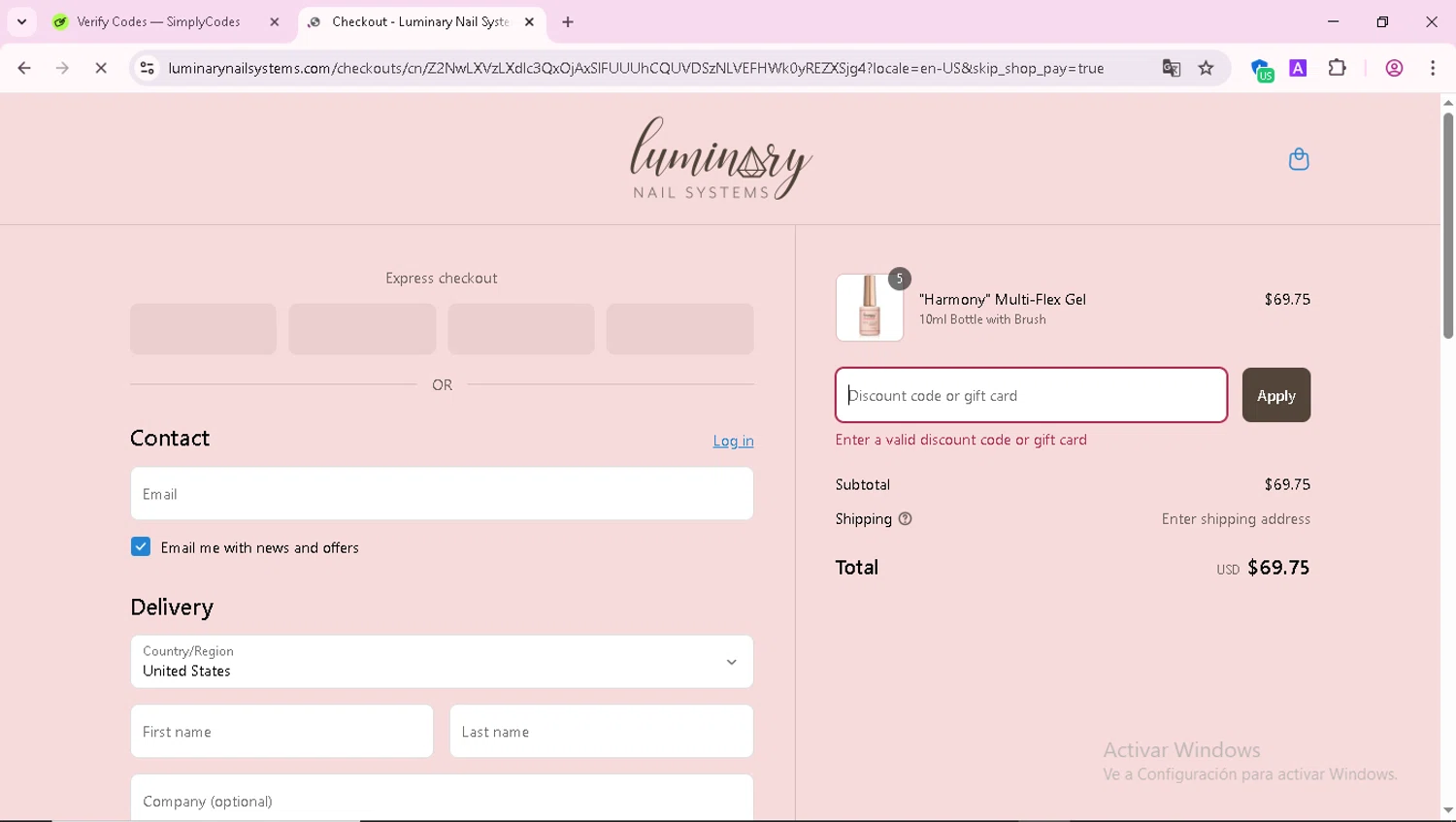 Luminary Nail Systems discount code screenshot showing code HARMONY10 applied at Luminary Nail Systems checkout page. Uploaded by SimplyCodes community member FortunateEagle7007 on Apr 2, 2025