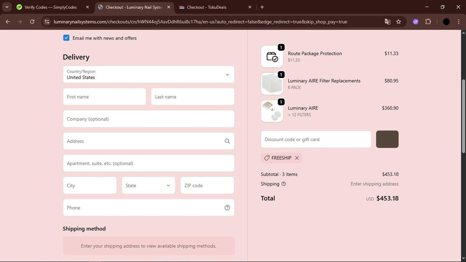 Luminary Nail Systems discount code screenshot showing code FREESHIP applied at Luminary Nail Systems checkout page. Uploaded by SimplyCodes community member FrugalTiger5589 on Oct 13, 2025
