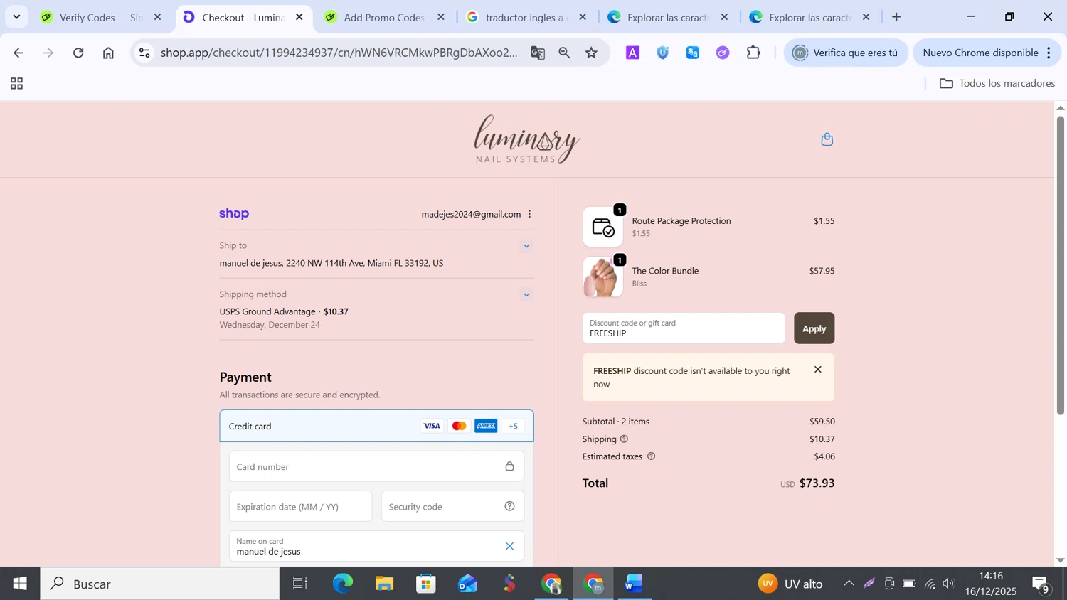 Luminary Nail Systems discount code screenshot showing code FREESHIP applied at Luminary Nail Systems checkout page. Uploaded by SimplyCodes community member MANUELURBINA on Dec 16, 2025