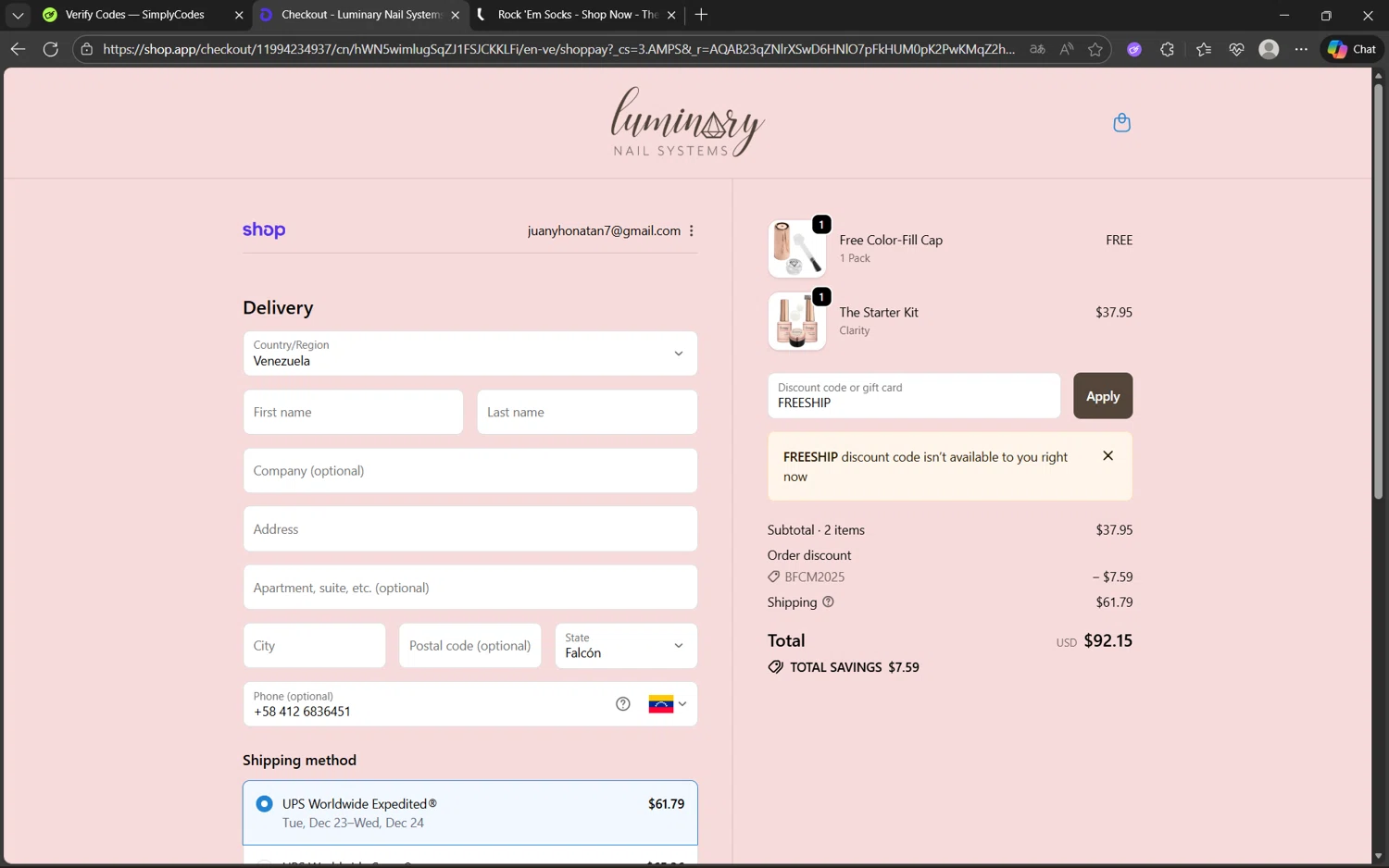 Luminary Nail Systems discount code screenshot showing code FREESHIP applied at Luminary Nail Systems checkout page. Uploaded by SimplyCodes community member juan1702 on Dec 2, 2025