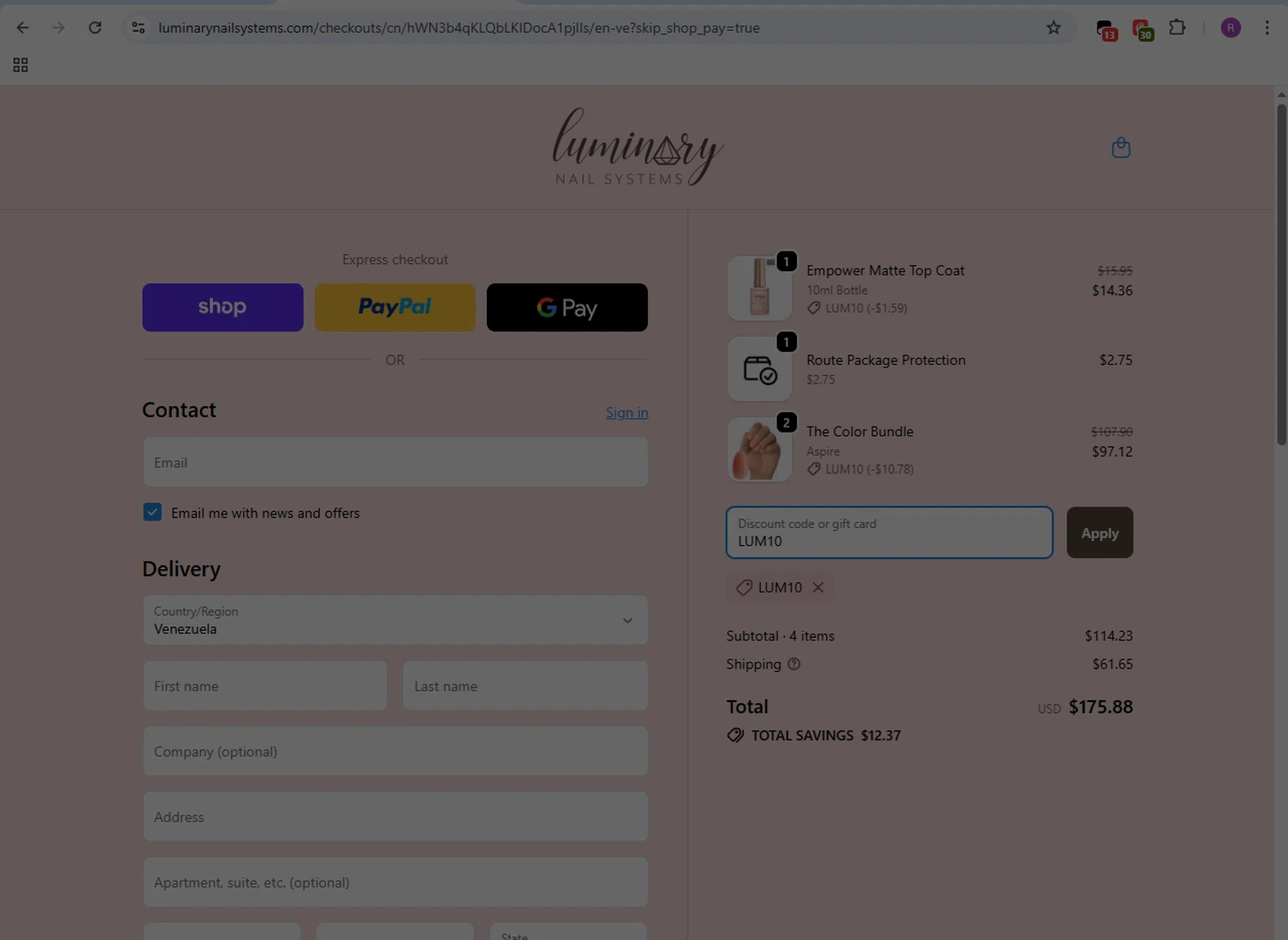 Luminary Nail Systems discount code screenshot showing code LUM10 applied at Luminary Nail Systems checkout page. Uploaded by SimplyCodes community member GloriousMaven6295 on Oct 1, 2025