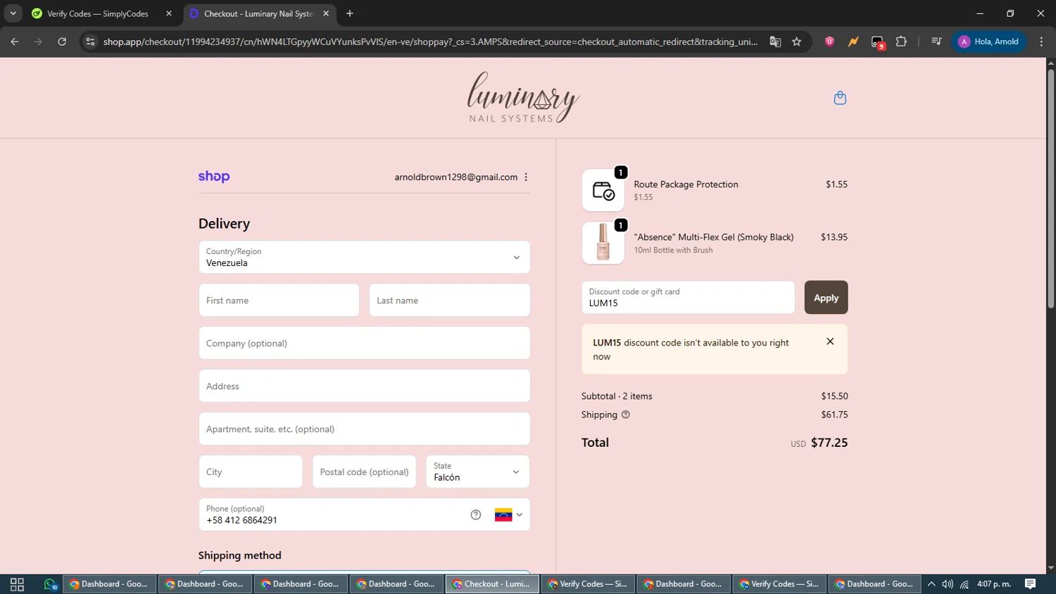 Luminary Nail Systems discount code screenshot showing code LUM15 applied at Luminary Nail Systems checkout page. Uploaded by SimplyCodes community member CouponScout5403 on Oct 20, 2025
