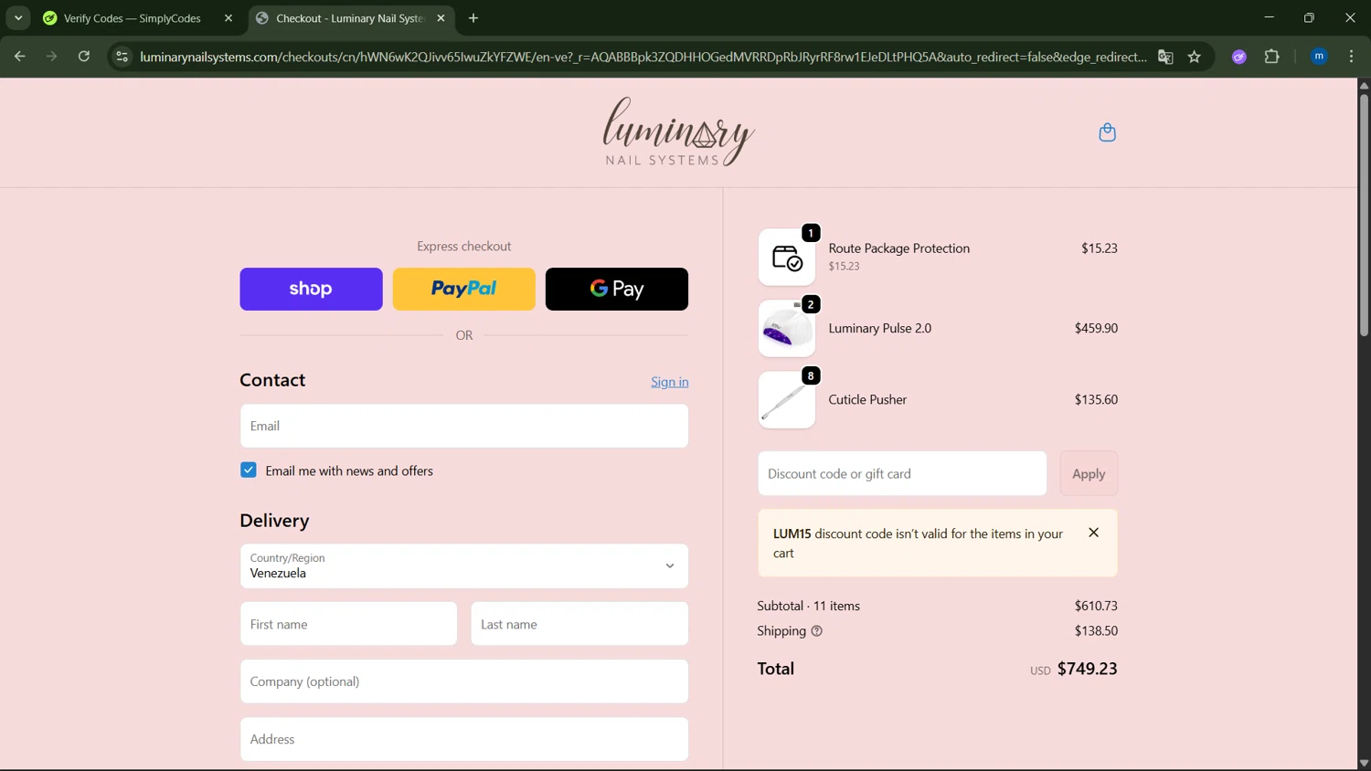 Luminary Nail Systems discount code screenshot showing code LUM15 applied at Luminary Nail Systems checkout page. Uploaded by SimplyCodes community member GloriousSpotter8024 on Dec 28, 2025
