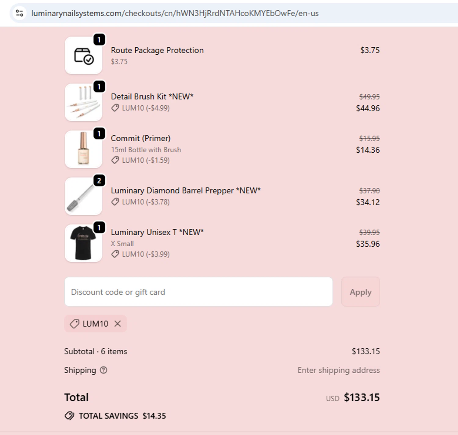 Luminary Nail Systems discount code screenshot showing code LUM15 applied at Luminary Nail Systems checkout page. Uploaded by SimplyCodes community member SavvyCurator5307 on Sep 22, 2025