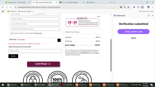 Luminess Cosmetics checkout page showing Luminess Cosmetics promo code box | Screenshot taken by SimplyCodes community member on Aug 18, 2025