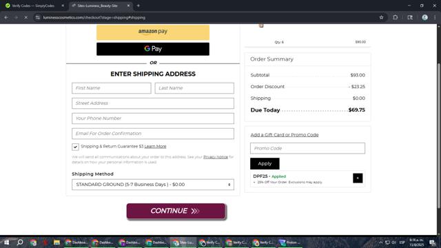 Luminess Cosmetics checkout page showing Luminess Cosmetics promo code box | Screenshot taken by SimplyCodes community member on Aug 13, 2025