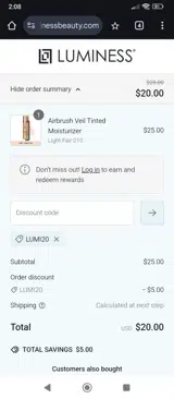 Luminess Beauty coupon verification screenshot