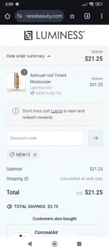 Luminess Beauty coupon verification screenshot