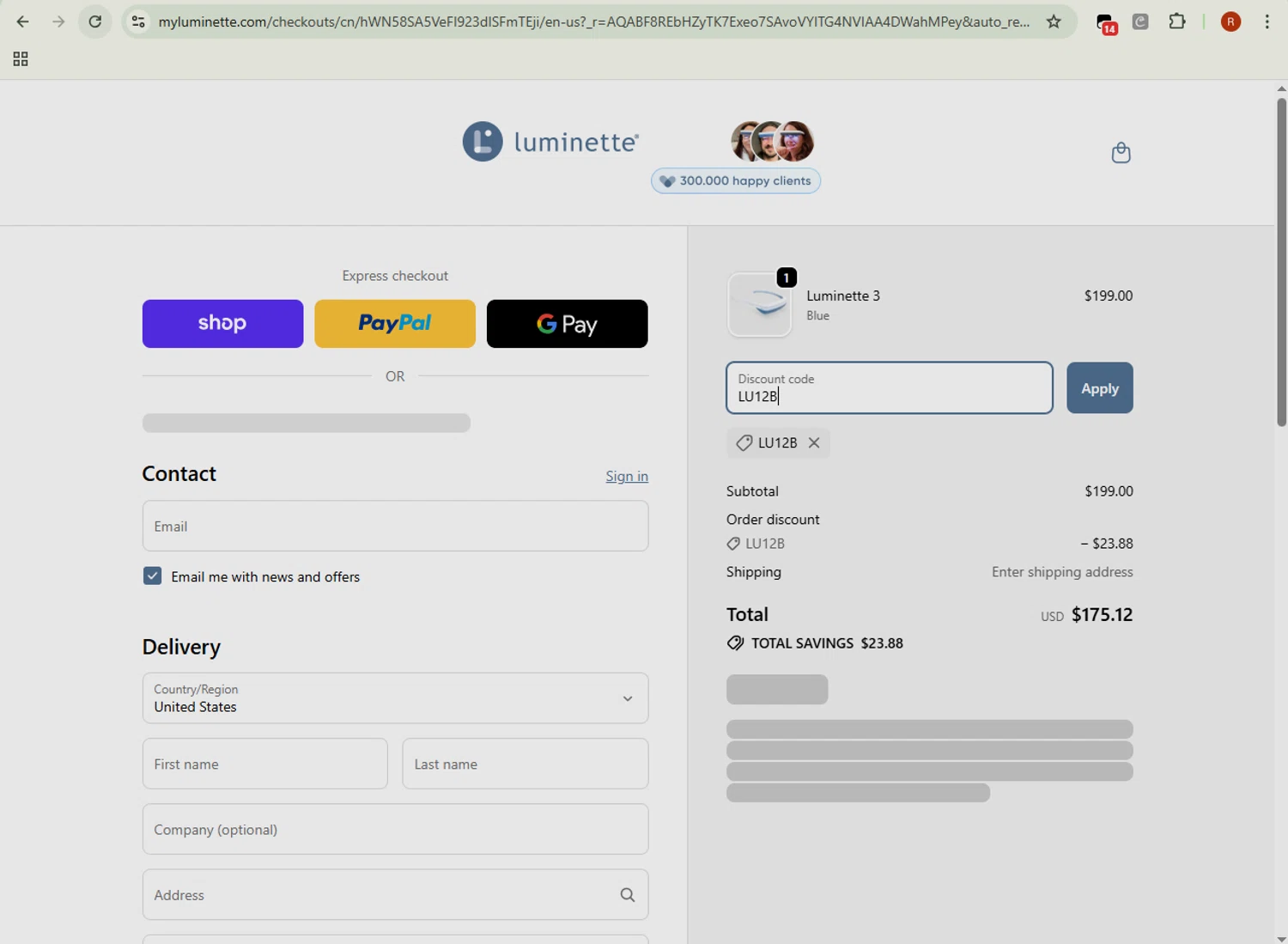 Luminette discount code screenshot showing code LU12B applied at Luminette checkout page. Uploaded by SimplyCodes community member BrilliantRanger8168 on Nov 10, 2025