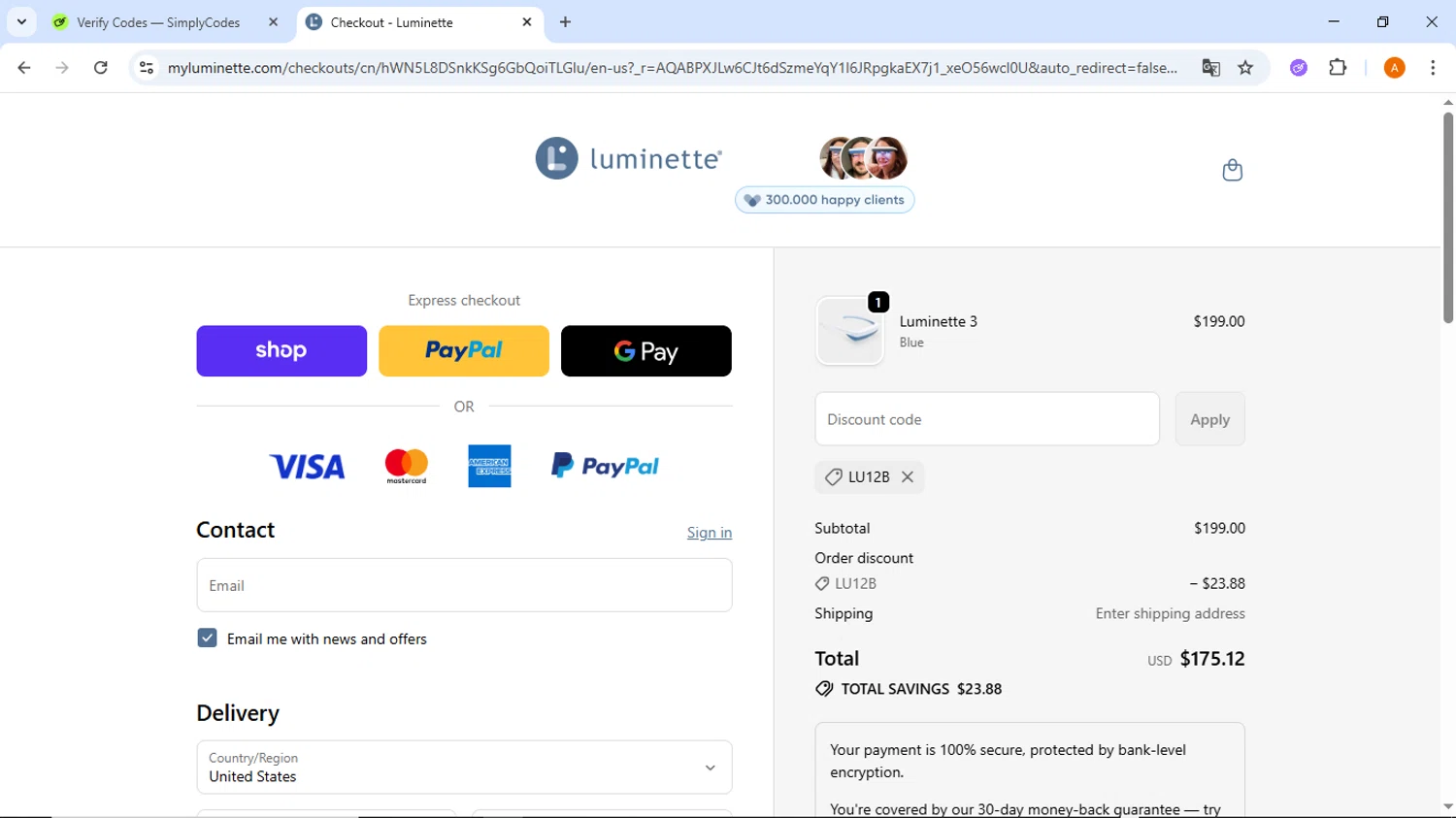 Luminette discount code screenshot showing code LU12B applied at Luminette checkout page. Uploaded by SimplyCodes community member ThriftyMaverick437 on Nov 16, 2025