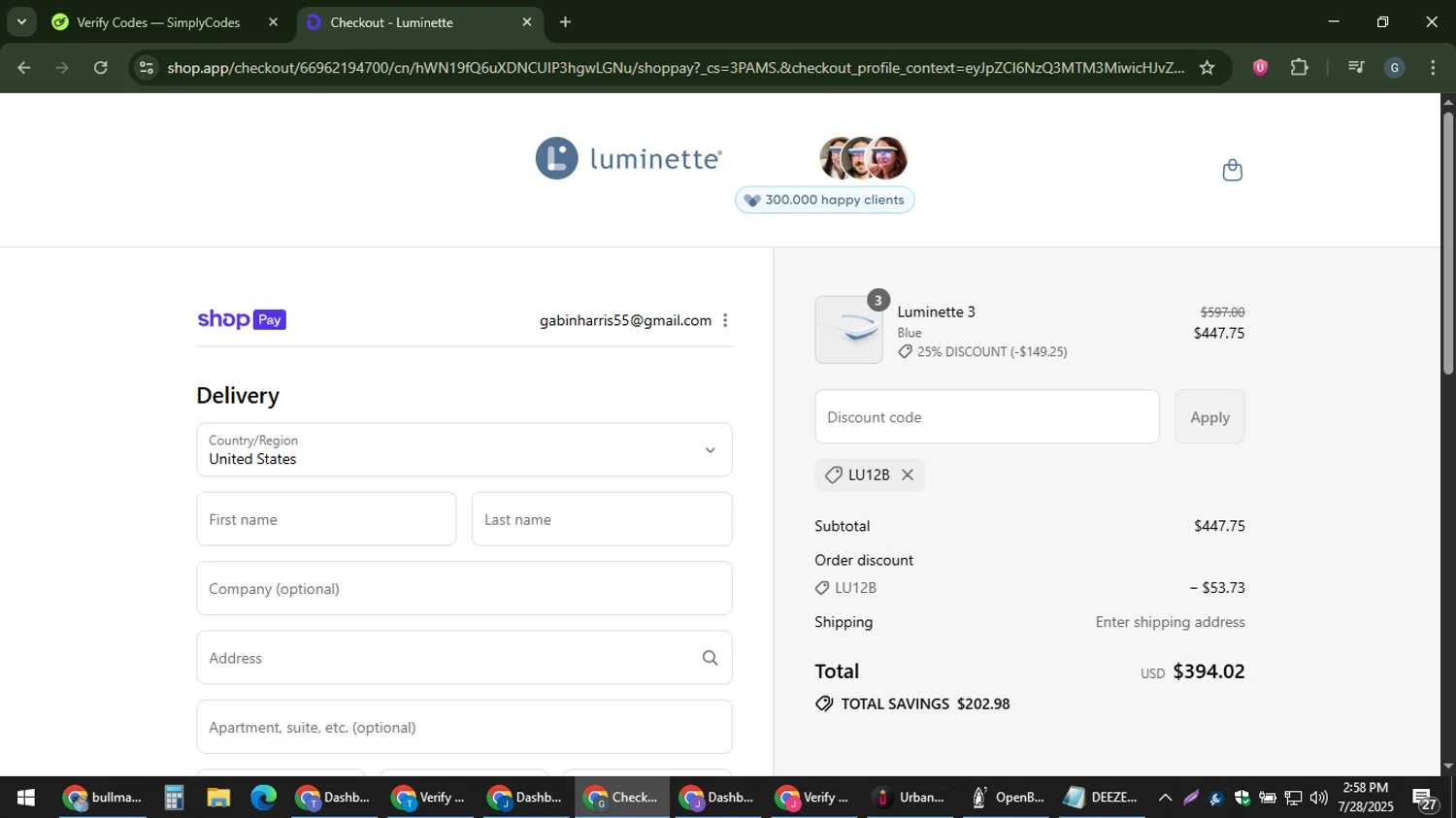Luminette discount code screenshot showing code LU12B applied at Luminette checkout page. Uploaded by SimplyCodes community member gabinharris55 on Jul 28, 2025