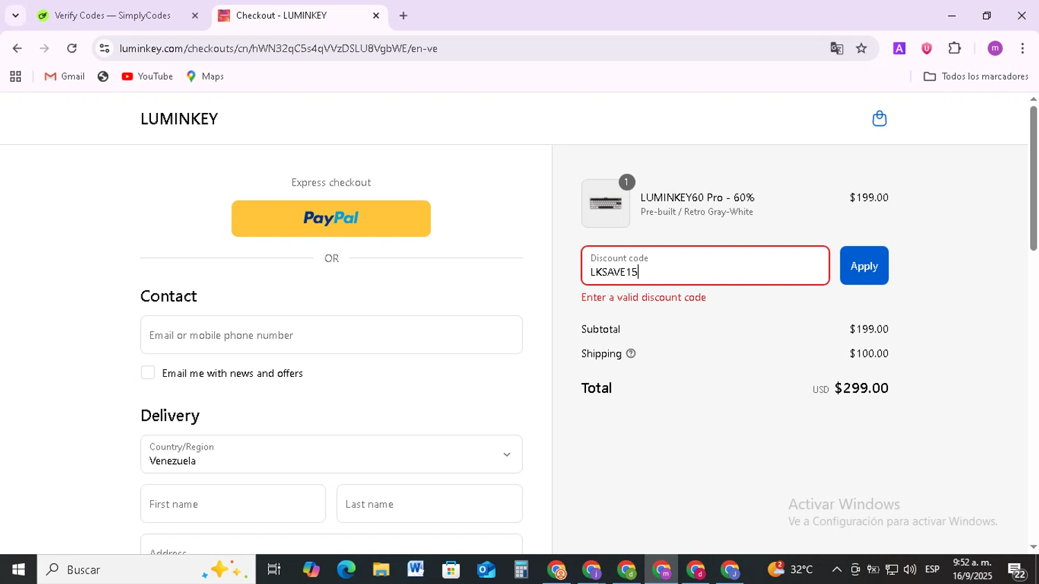 LUMINKEY discount code screenshot showing code LKSAVE15 applied at LUMINKEY checkout page. Uploaded by SimplyCodes community member BudgetMonarch8952 on Sep 16, 2025