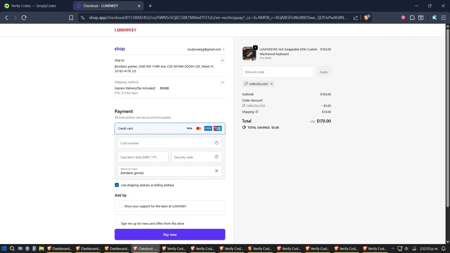 LUMINKEY discount code screenshot showing code CARLOSLUGO applied at LUMINKEY checkout page. Uploaded by SimplyCodes community member ZoilaPerrita on Nov 29, 2025