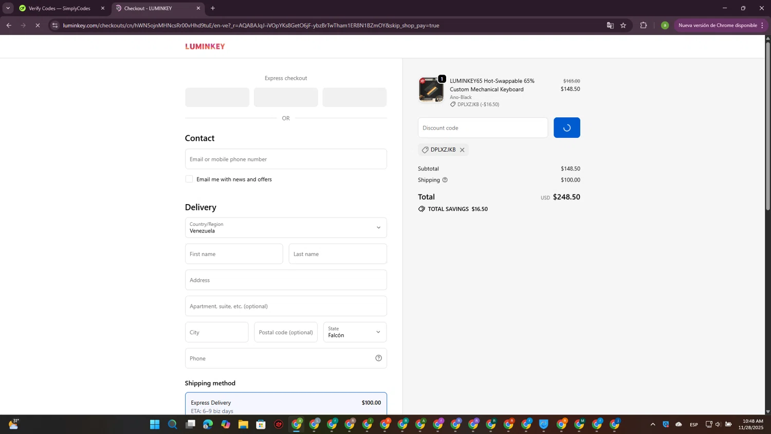 LUMINKEY checkout page showing LUMINKEY discount code box | Screenshot taken by SimplyCodes community member on Nov 28, 2025