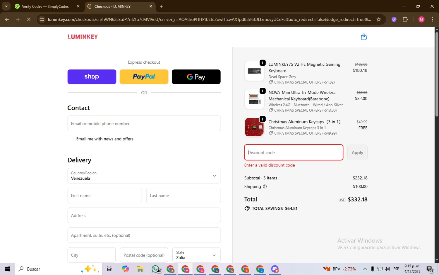 LUMINKEY discount code screenshot showing code VICMARXX applied at LUMINKEY checkout page. Uploaded by SimplyCodes community member Chambeadoranonimo on Dec 5, 2025