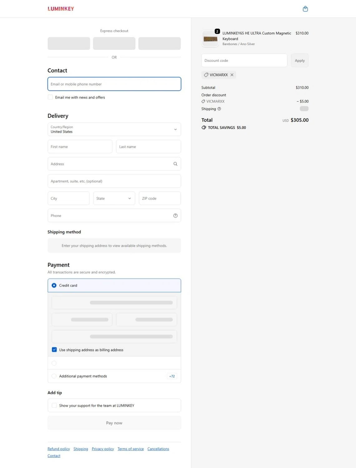 LUMINKEY discount code screenshot showing code VICMARXX applied at LUMINKEY checkout page. Uploaded by SimplyCodes community member Maylinlr on Nov 30, 2025