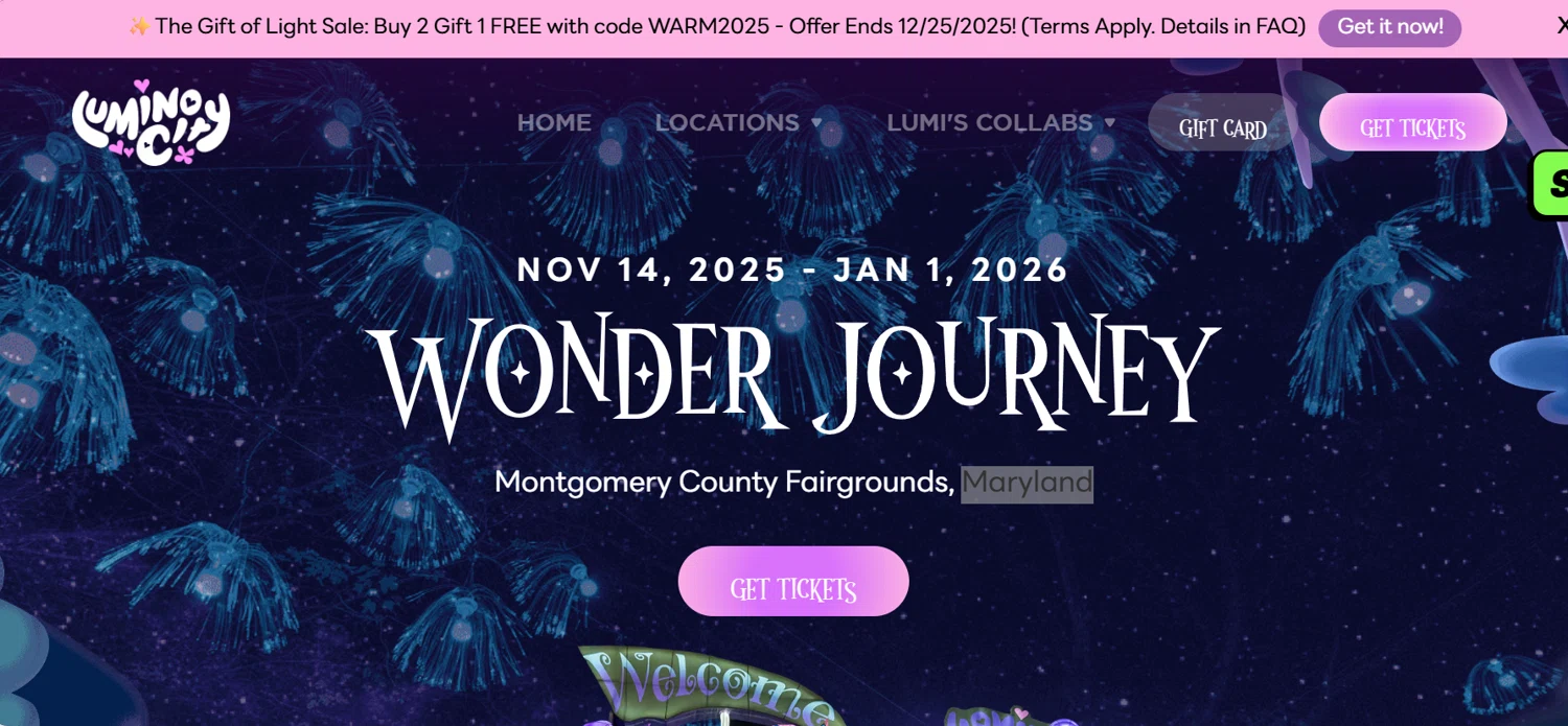 Lumino City Festival discount code screenshot showing code WARM2025 applied at Lumino City Festival checkout page. Uploaded by SimplyCodes community member ______________________________ on Dec 15, 2025