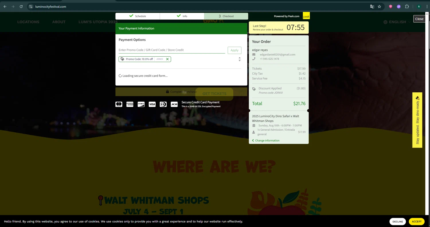 Lumino City Festival checkout page showing Lumino City Festival discount code box | Screenshot taken by SimplyCodes community member on Jul 20, 2025