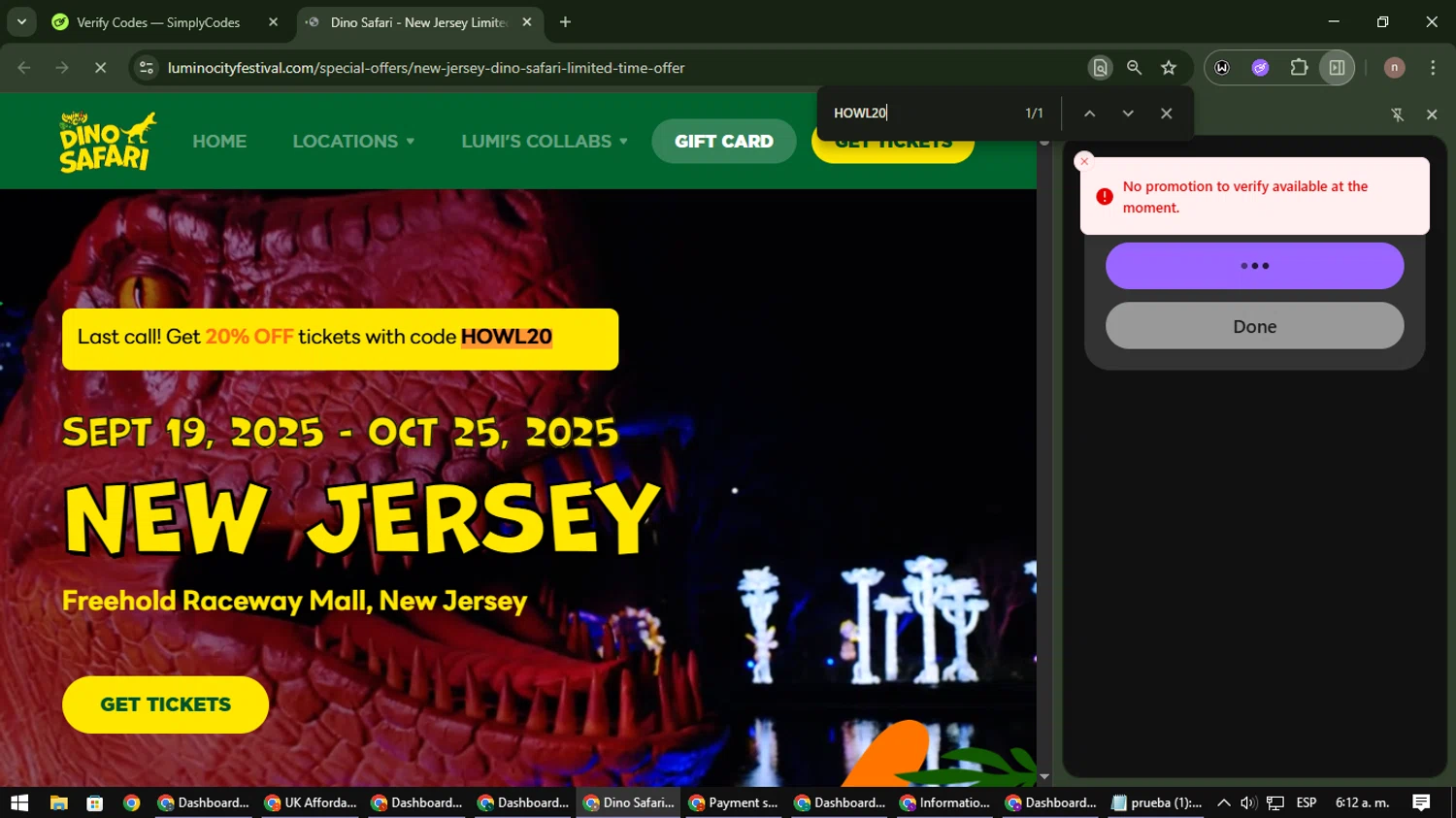 Lumino City Festival discount code screenshot showing code HOWL20 applied at Lumino City Festival checkout page. Uploaded by SimplyCodes community member SmartWarden8713 on Nov 8, 2025