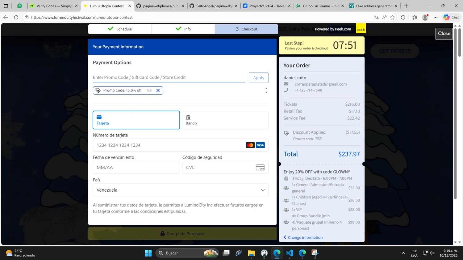 Lumino City Festival discount code screenshot showing code TSR applied at Lumino City Festival checkout page. Uploaded by SimplyCodes community member DaniTsu on Dec 10, 2025