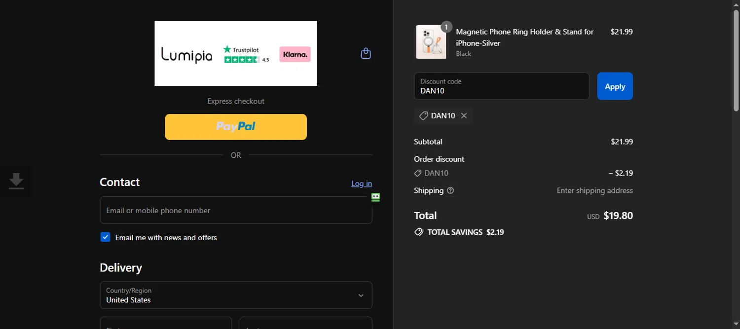Lumipia promo code screenshot showing code DAN10 applied at Lumipia checkout page. Uploaded by SimplyCodes community member 111111 on Sep 6, 2025