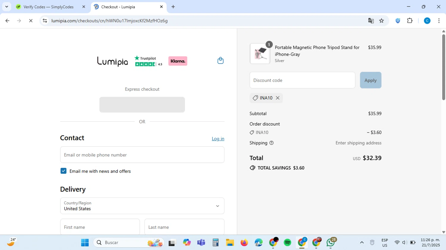 Lumipia promo code screenshot showing code INA10 applied at Lumipia checkout page. Uploaded by SimplyCodes community member ScanAce2966 on Jul 22, 2025