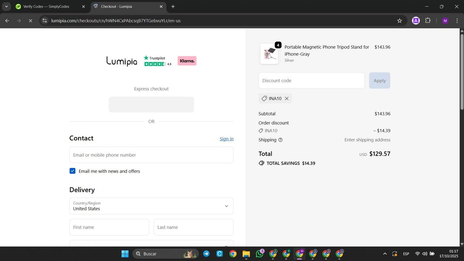 Lumipia promo code screenshot showing code INA10 applied at Lumipia checkout page. Uploaded by SimplyCodes community member jinwoo on Oct 17, 2025